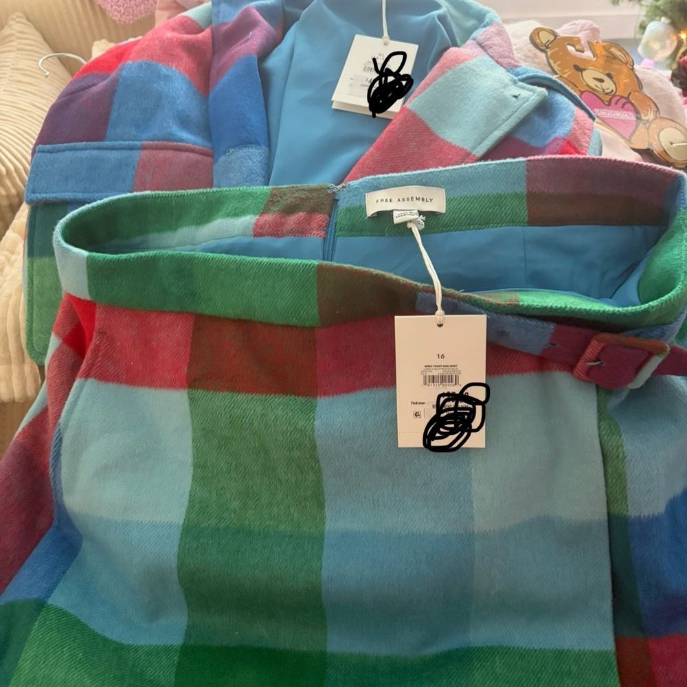 Free assembly Multicolor Plaid Jacket and Skirt Set